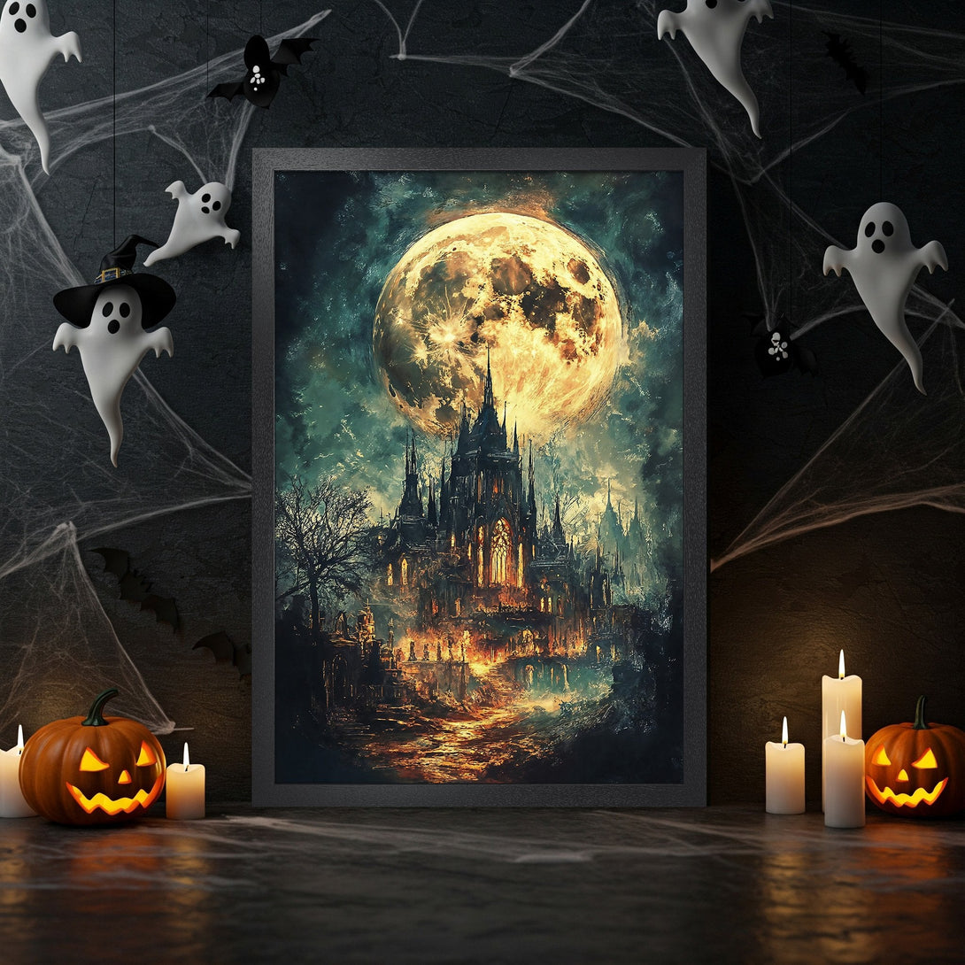 Framed Poster featuring a spooky castle under a full moon, in a dark teal and gold color palette. Perfect Halloween decor!