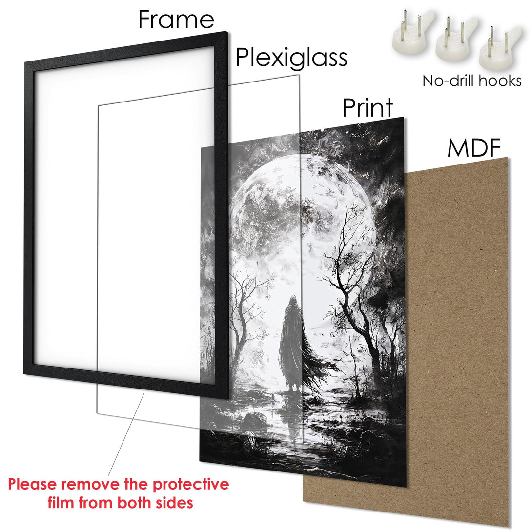 Framed Poster featuring a grayscale fantasy art scene. Perfect wall decor with a dark, gothic style. Add a touch of mystery to your space!