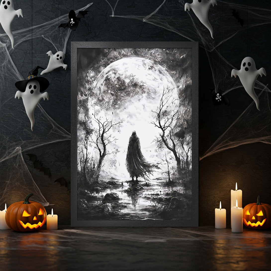 Framed Poster featuring a spooky, grayscale illustration of a figure in a forest under a full moon. Perfect Halloween decor!