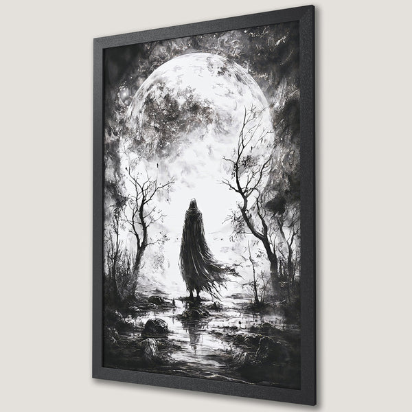 Framed Poster featuring a figure in a cloak before a full moon, in a dramatic black and white style. Perfect for gothic decor.
