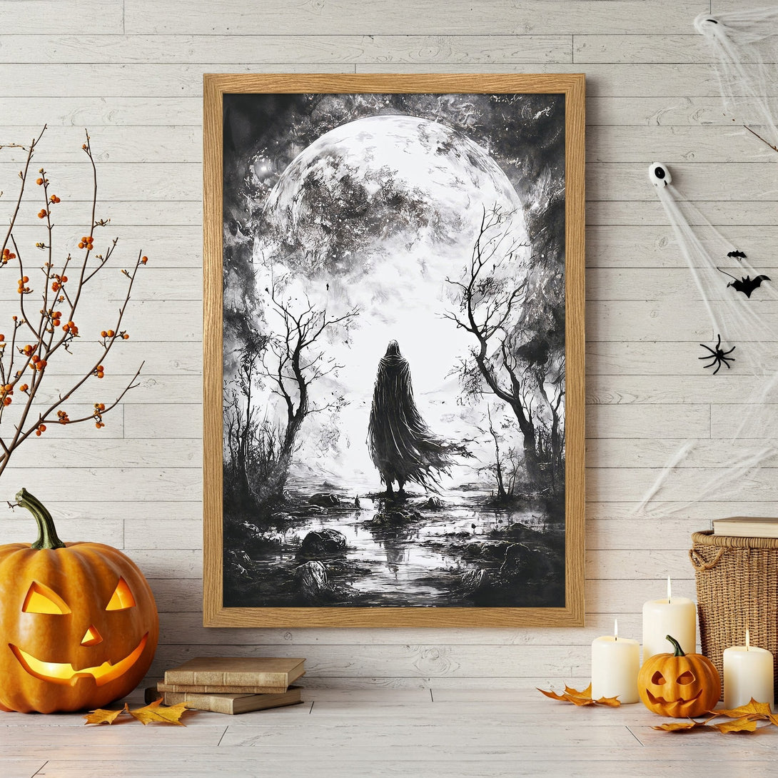 Framed Poster featuring a spooky figure in a grayscale, gothic style. Perfect Halloween decor!