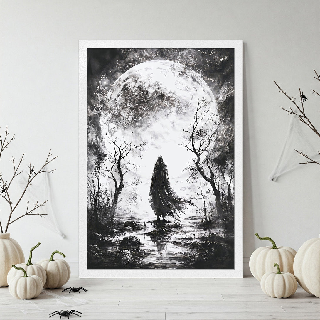 Framed Poster featuring a mysterious figure under a full moon. Black & white art print, perfect for Halloween decor. Add spooky style!