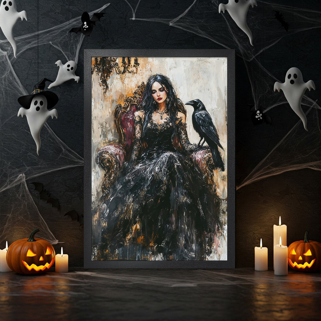 Framed Poster featuring a gothic woman illustration in black & beige, perfect for Halloween decor.