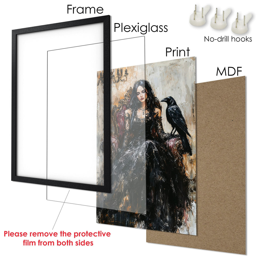 Framed Poster featuring a woman in a vintage style, with a black and beige color palette. Perfect wall art for any room!