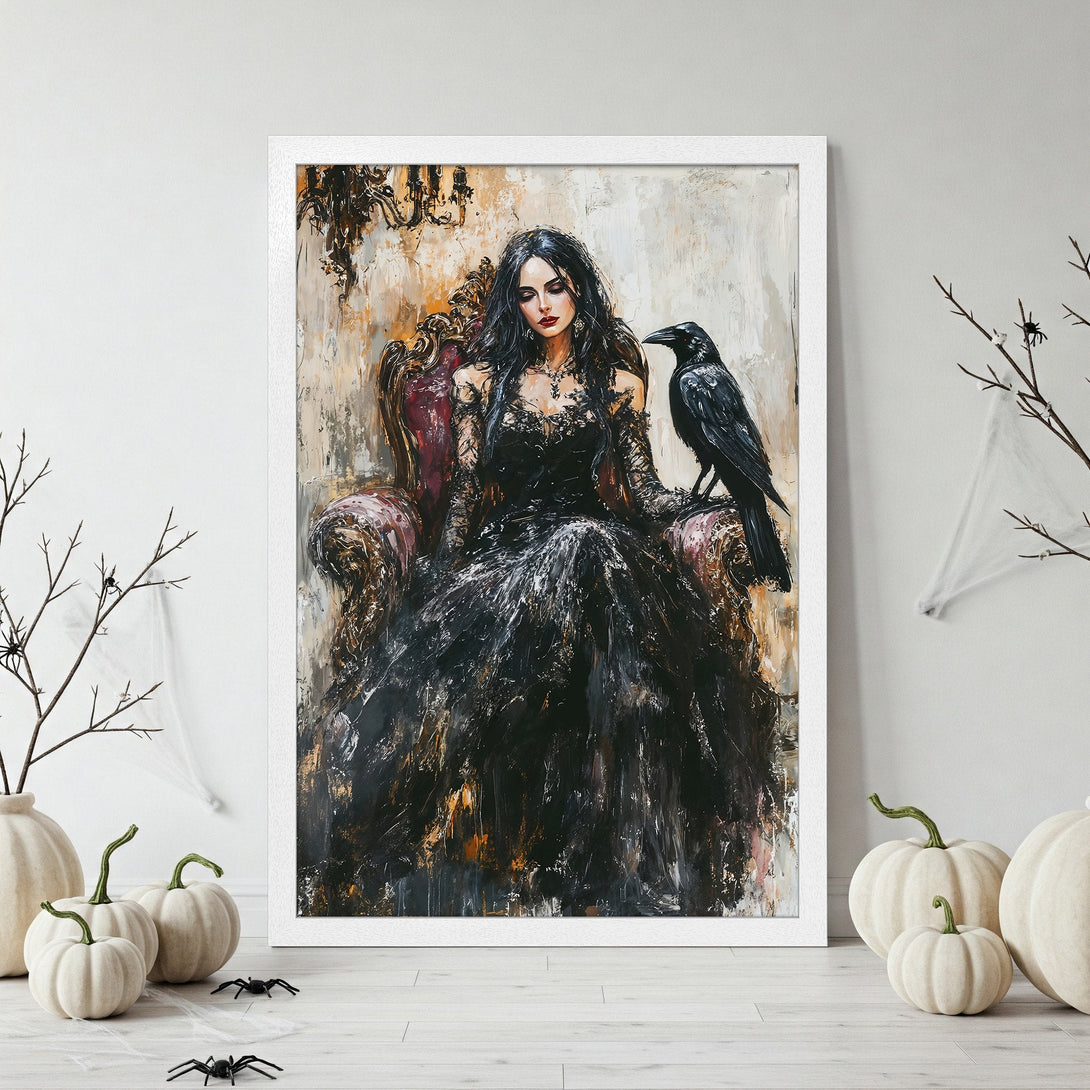Framed Poster of a gothic woman with floral accents in black and beige. Perfect for Halloween decor.