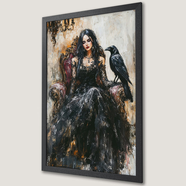 Framed Poster featuring a woman with long black hair, floral accents, and a vintage style. Neutral color palette. Perfect wall art!