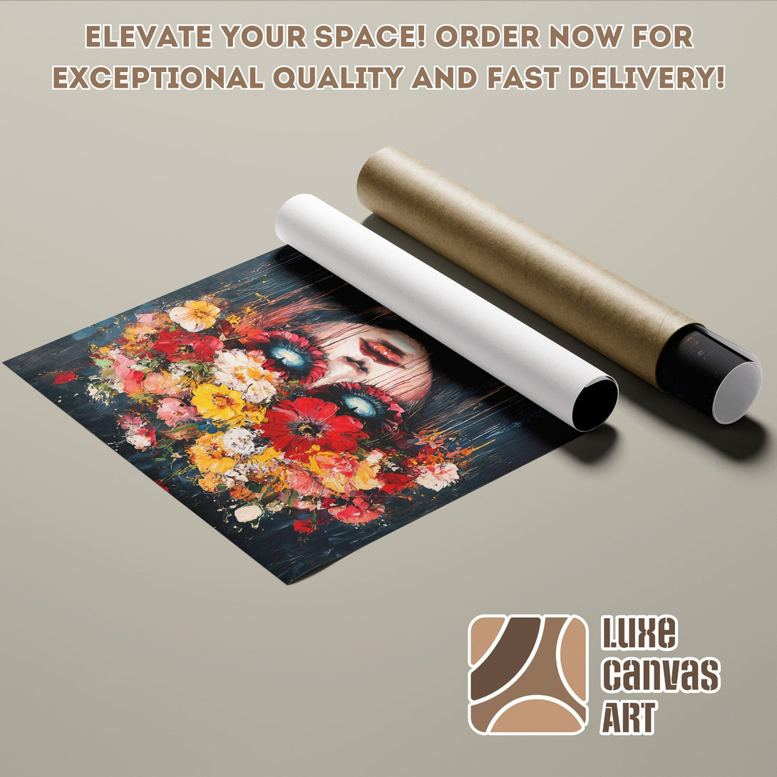 Poster Roll featuring a floral face painting in vibrant red, yellow, and blue hues. Elevate your space with art!