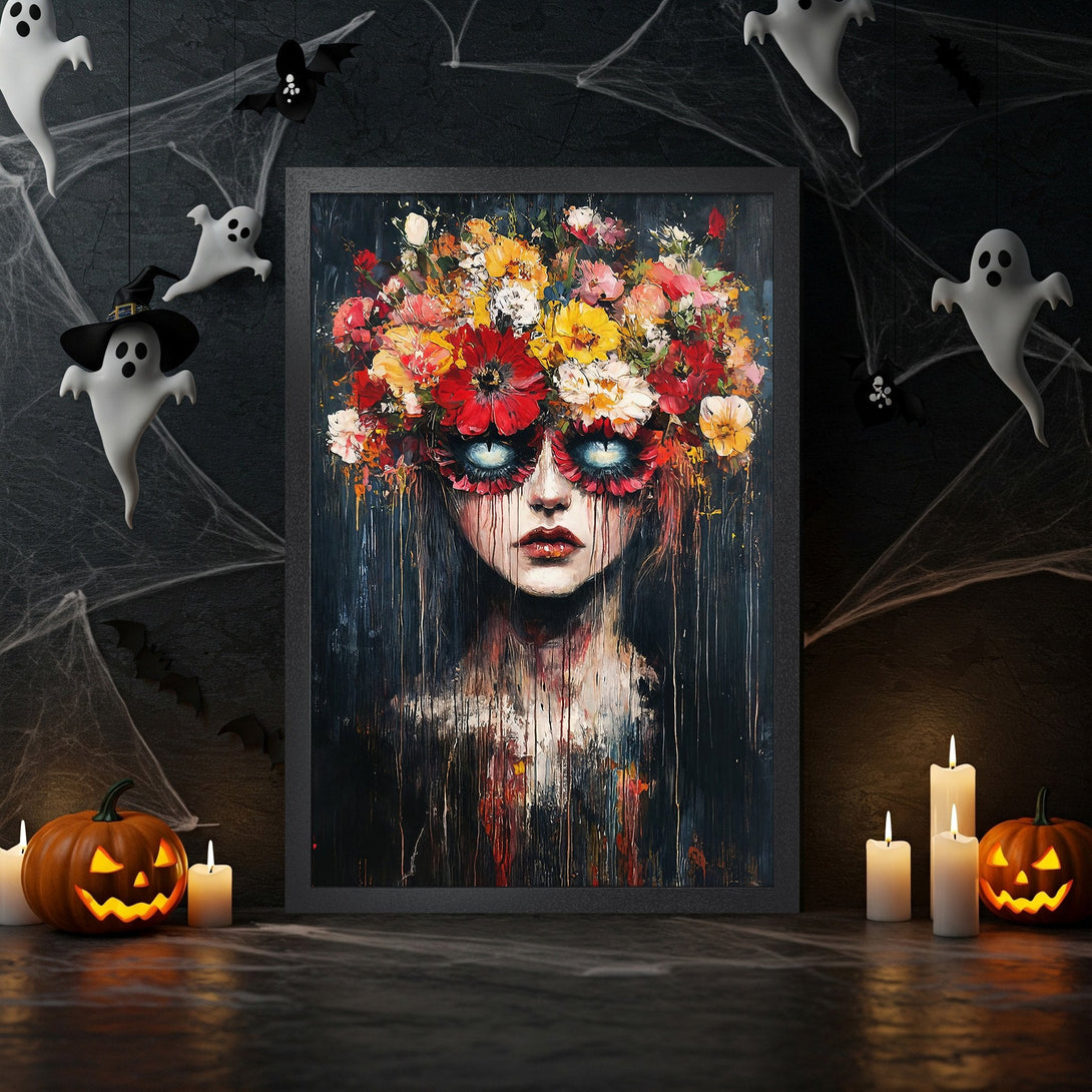 Framed Poster of a woman with a floral headpiece, dark art style, and a vibrant red, yellow, and blue color palette. Perfect Halloween decor!
