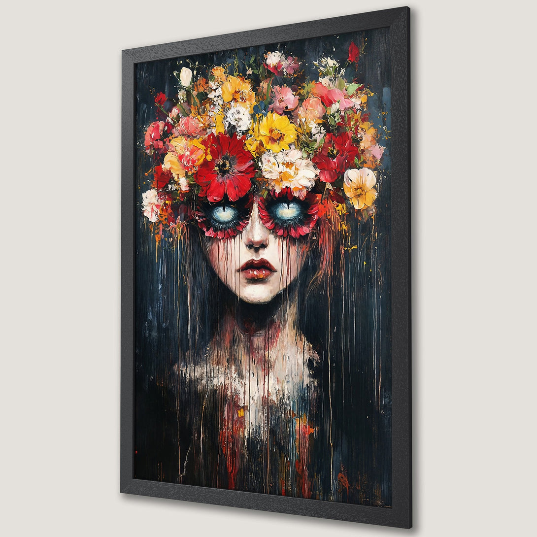 Framed Poster featuring a woman with a floral headdress. Dark, expressive style with a vibrant red, yellow, and blue color palette. Perfect art for your wall.