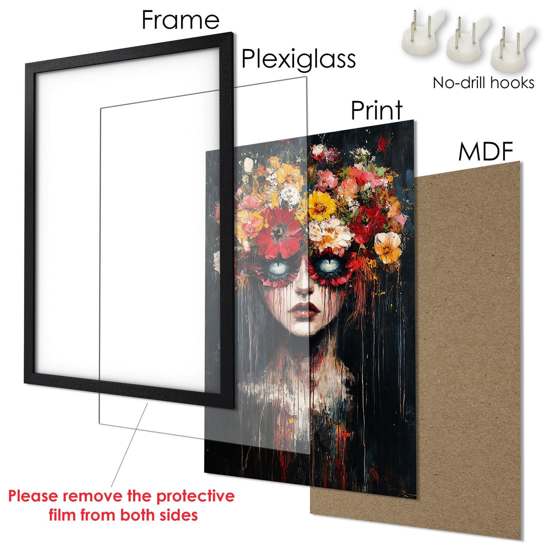 Framed Poster art featuring a woman with floral crown in a dark, expressive style. Rich red, yellow, and black color palette.