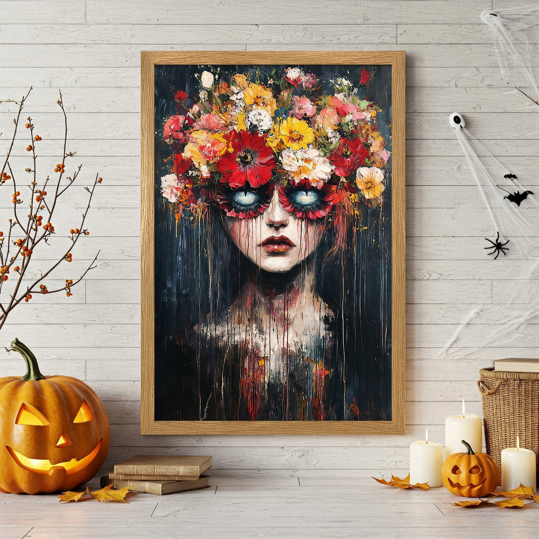 Framed Poster: Floral woman art print in dark, moody style with red, yellow, and black color palette. Perfect Halloween decor.