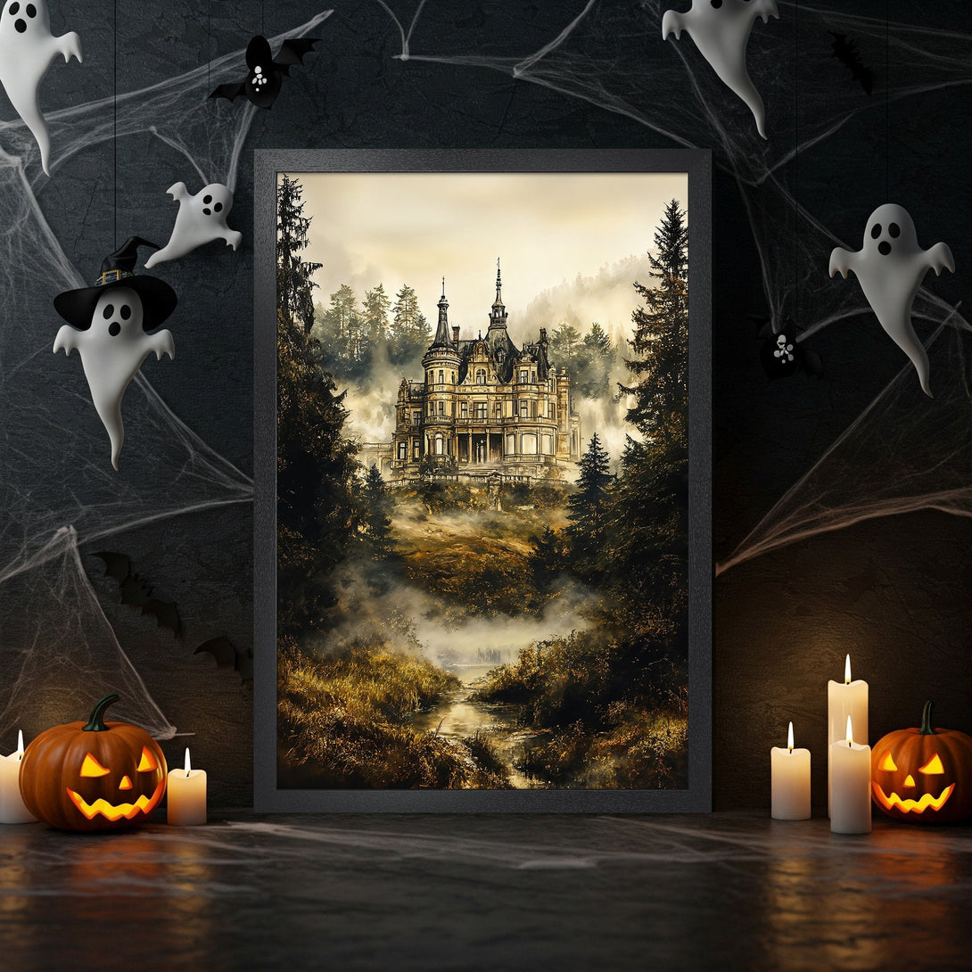 Framed Poster featuring a spooky castle landscape, with a warm, autumnal color palette. Perfect Halloween decor!