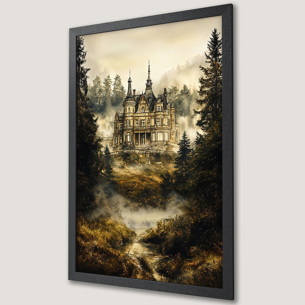 Framed Poster of a gothic castle in a misty forest. Moody art print with a warm, earthy color palette. Perfect wall decor.