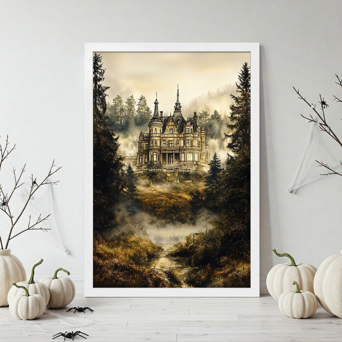 Framed Poster of a spooky castle in a forest, artistic style with a moody, warm color palette. Perfect Halloween decor!
