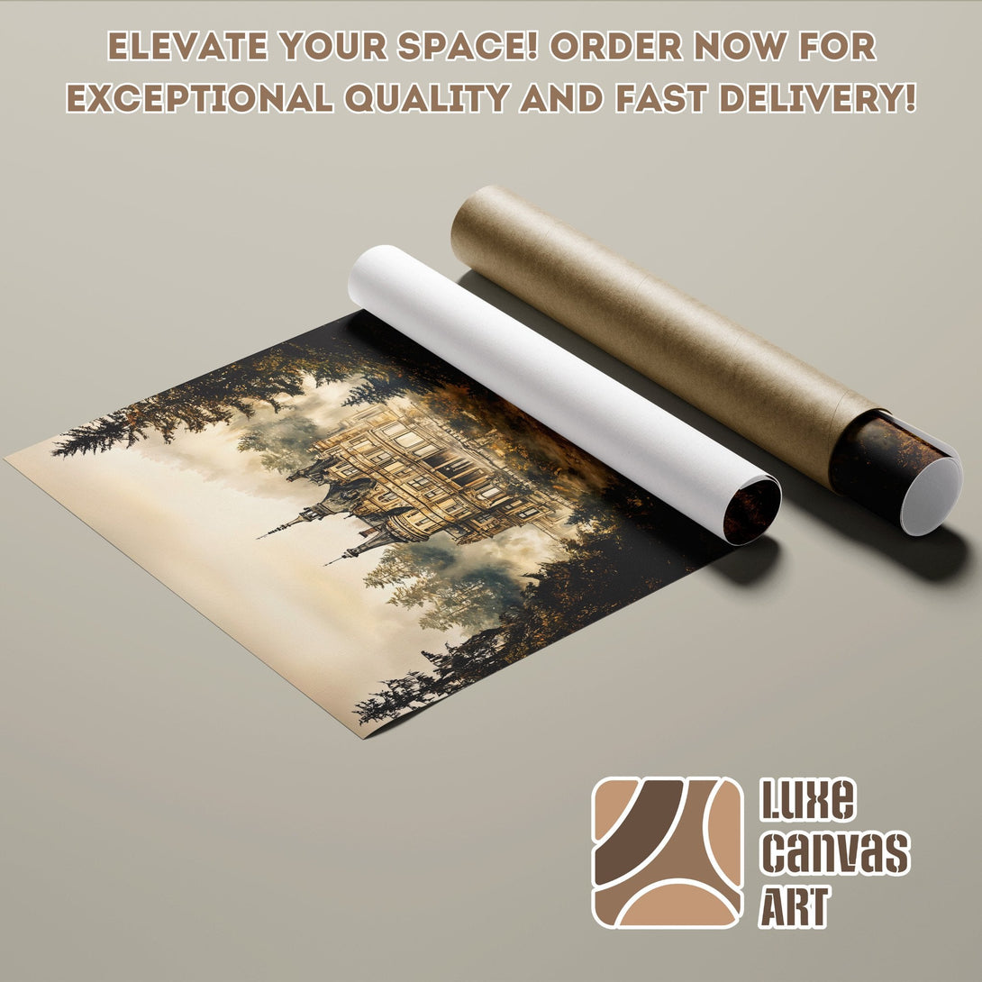 Poster Roll featuring a castle in a vintage style, with a warm, earthy color palette. Order now!