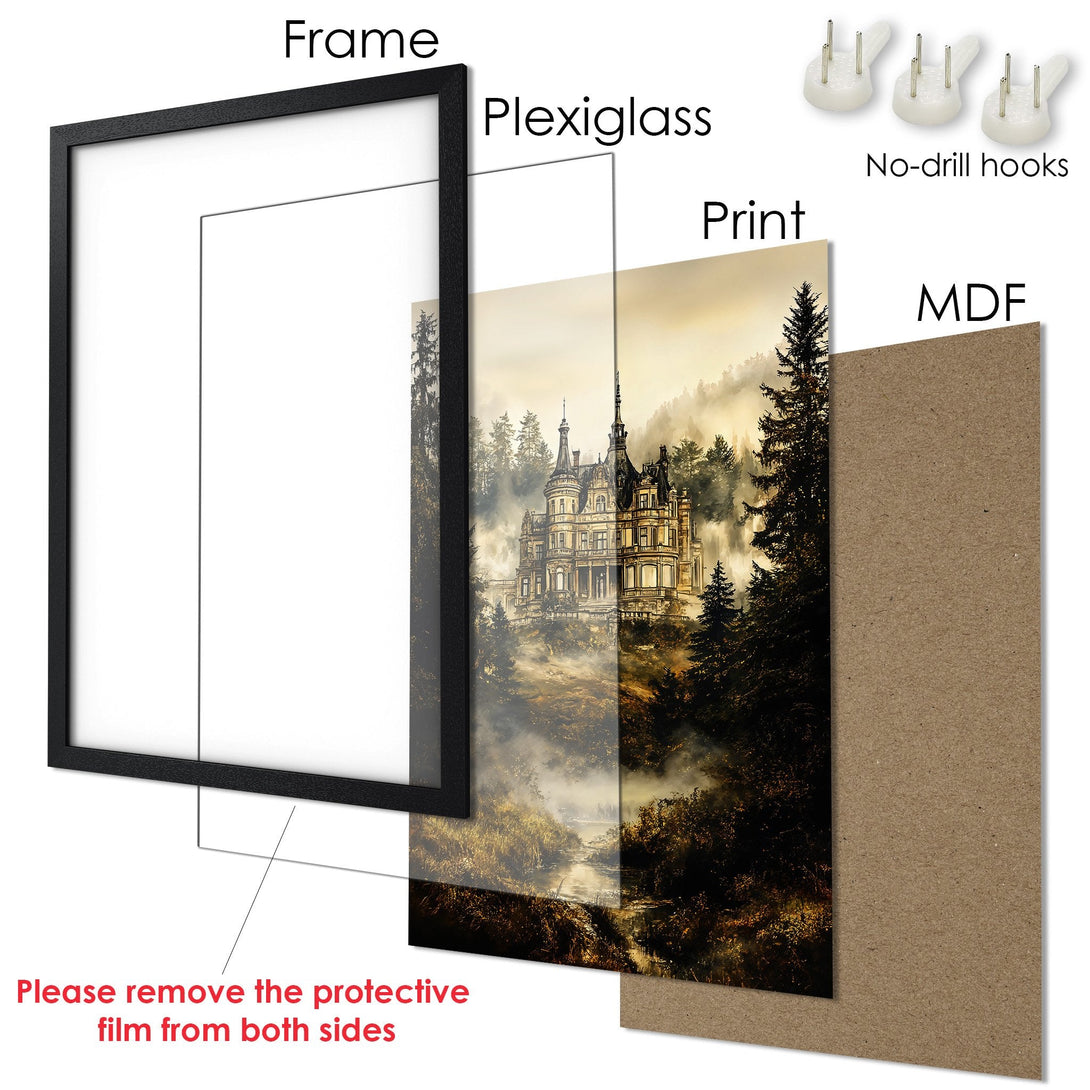 Framed Poster featuring a gothic castle in a misty forest, with a warm, earthy color palette. Add this art print to your home!