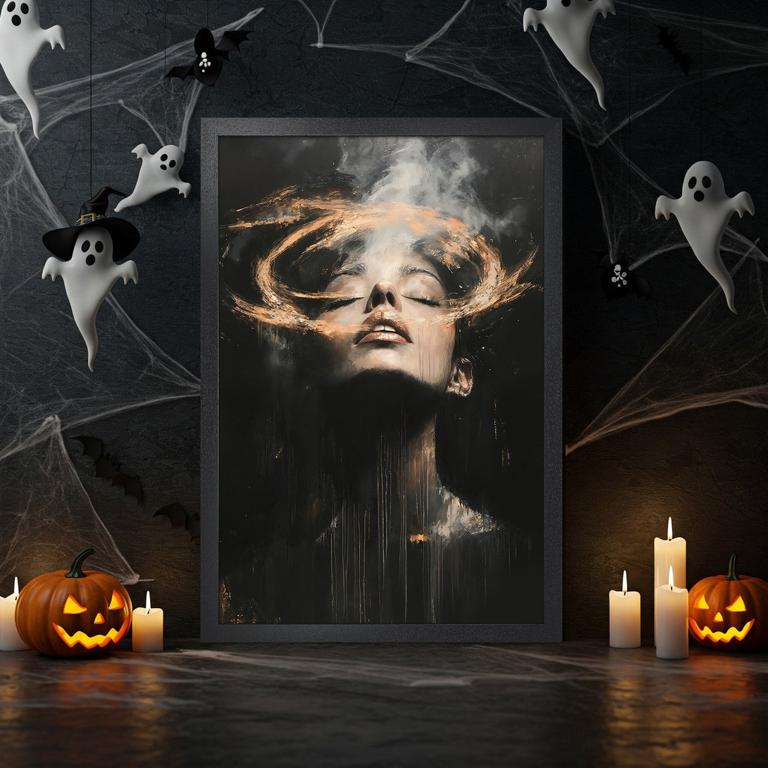 Framed Poster of a gothic cathedral in a dark, moody style with a warm, orange and blue color palette, perfect for Halloween.