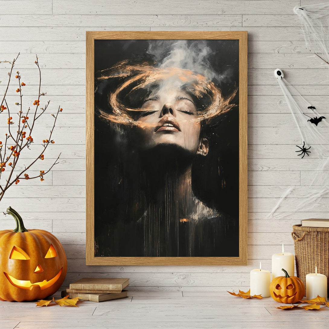 Framed Poster of a gothic cathedral in a dark, moody style with a warm, orange and blue color palette. Perfect Halloween decor!