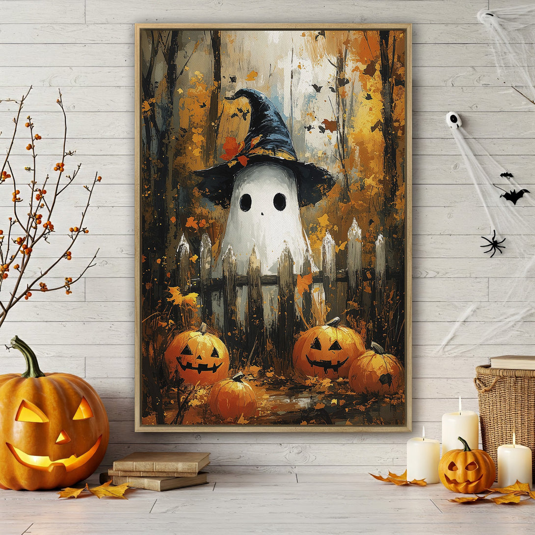 Framed Wall Art: Spooky Halloween ghost in a forest, warm orange and black color palette. Perfect fall decor for your home.