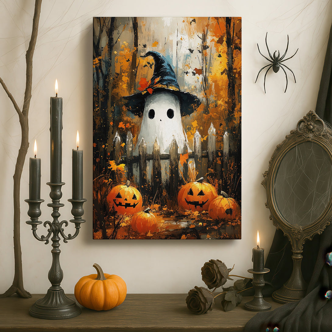 Framed Wall Art: Whimsical Halloween ghost art with pumpkins, in a warm orange and brown palette, perfect for fall decor.