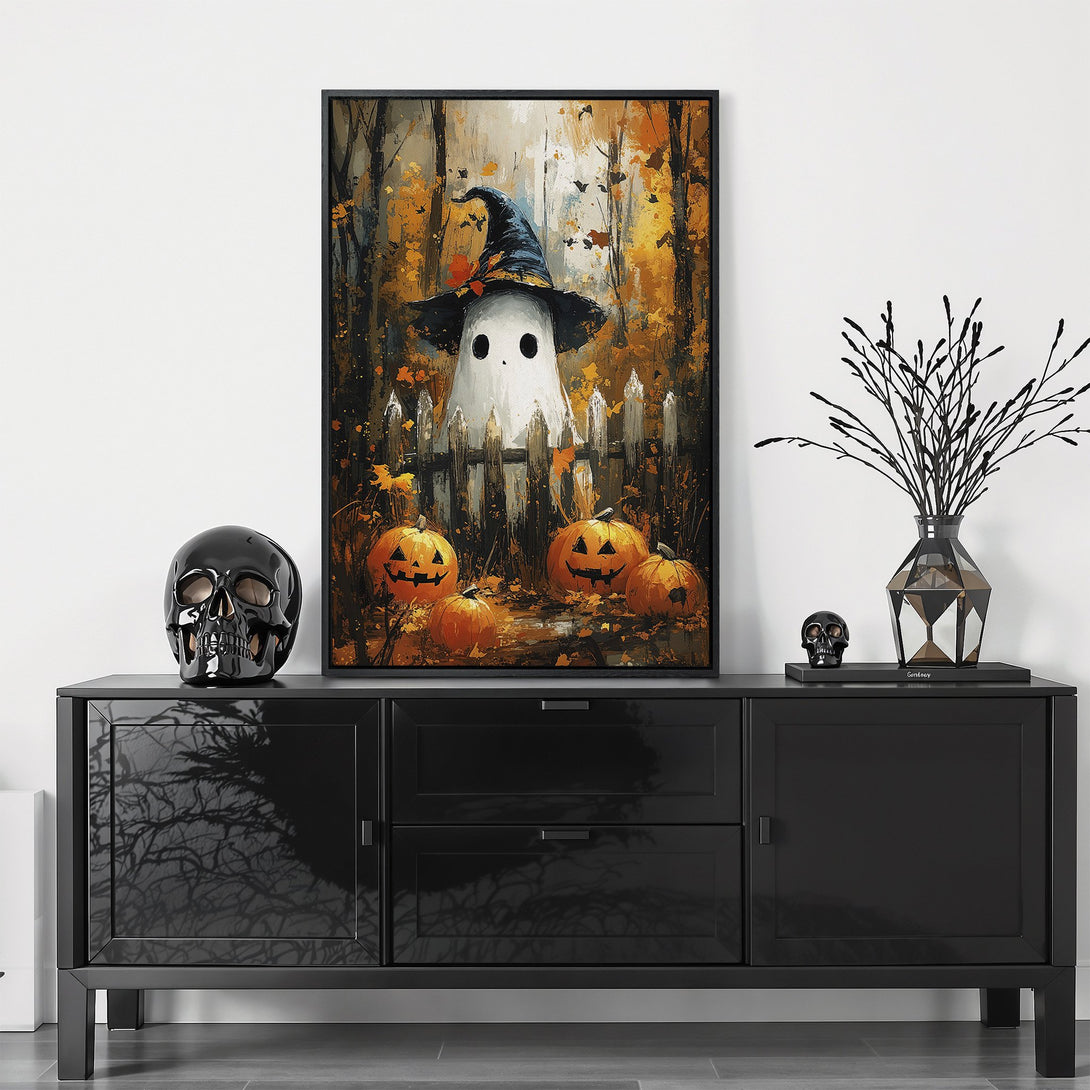 Framed Wall Art: Spooky Halloween ghost painting with pumpkins, in a warm autumn color palette. Perfect for seasonal home decor.