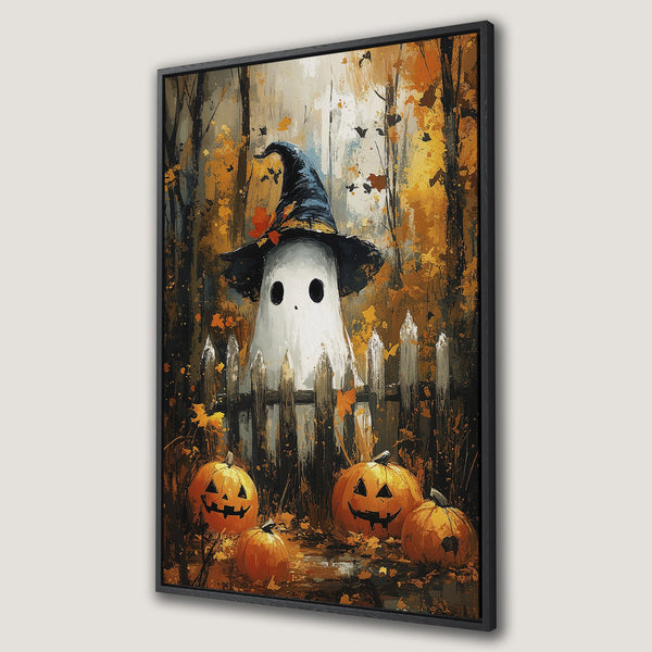 Framed Wall Art Canvas Print of a spooky Halloween ghost with pumpkins in a painterly style, featuring an autumn color palette.