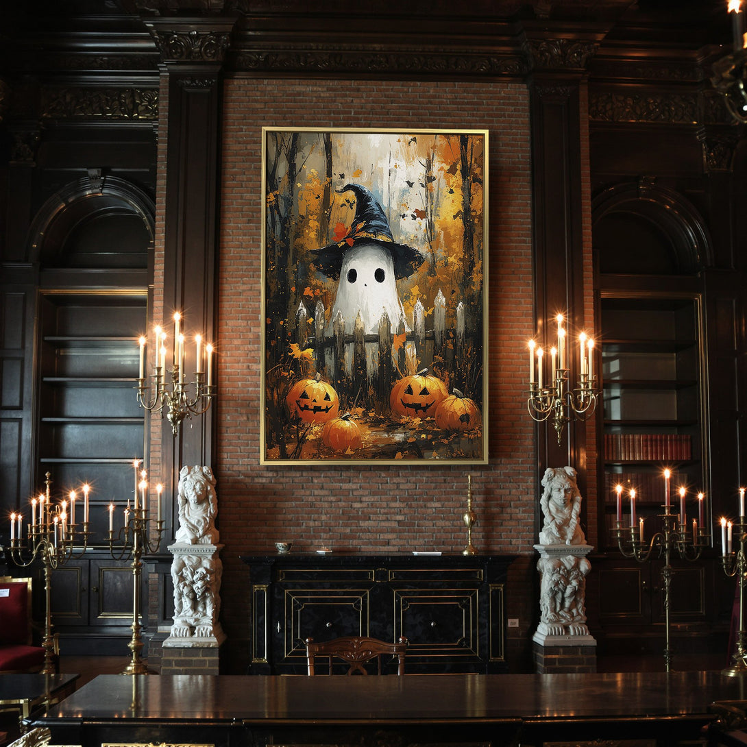 Halloween Canvas Print: Ghost in a witch hat with pumpkins, painted in a warm, autumnal color palette. Perfect spooky wall art!
