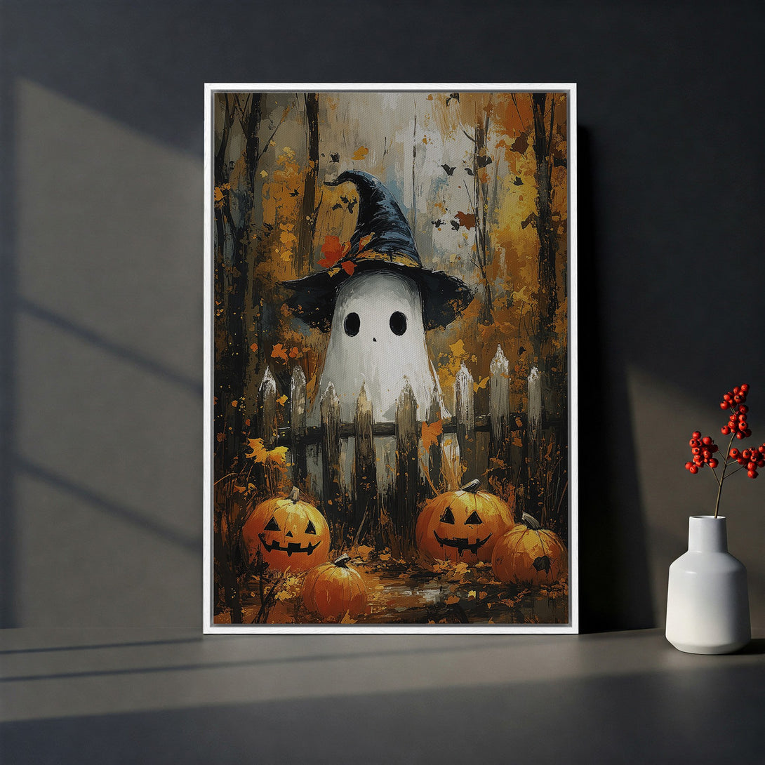 Framed Wall Art: Spooky Halloween ghost in a witch hat with pumpkins. Autumnal color palette with orange, brown, and black. Perfect for seasonal decor.