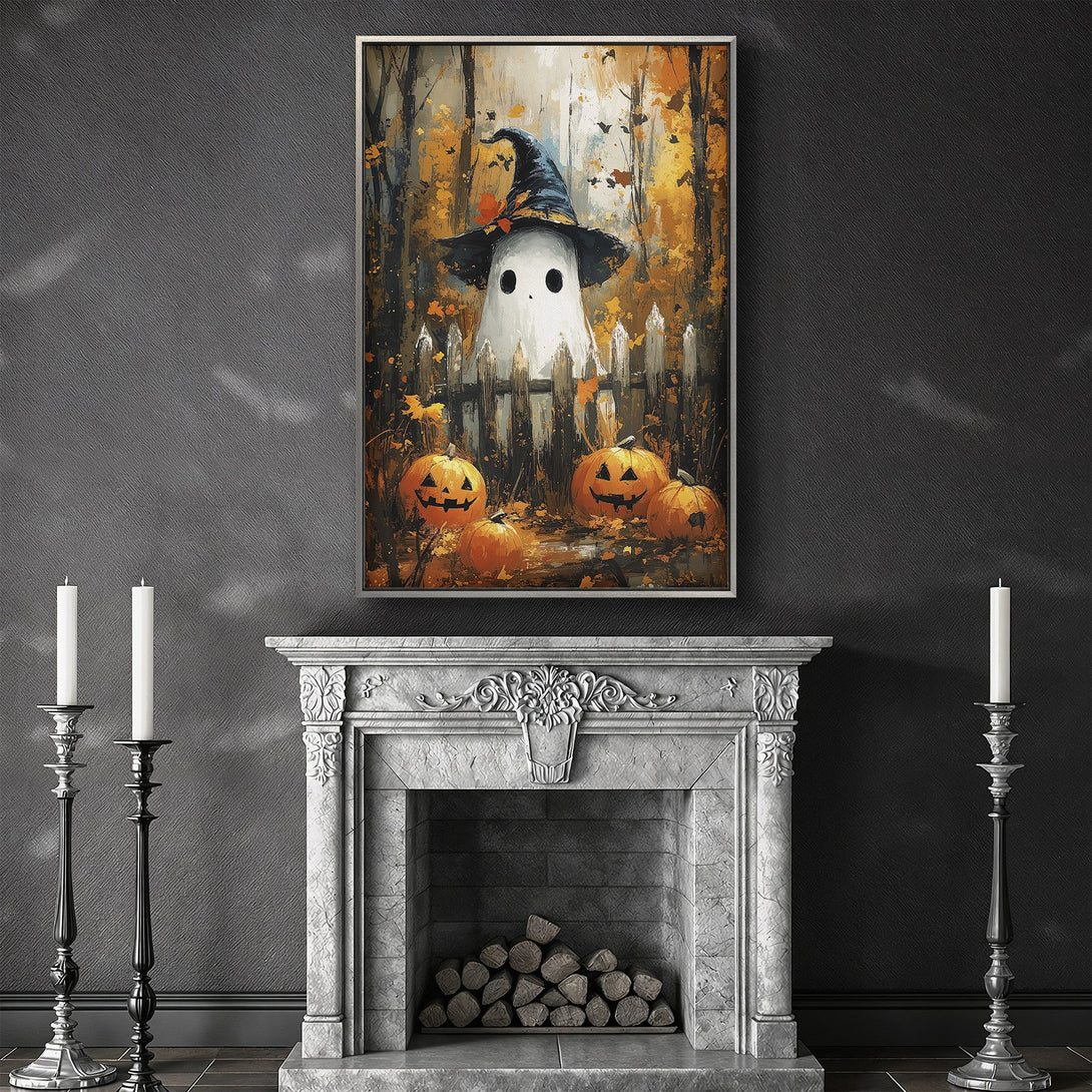 Framed Wall Art: Spooky ghost with witch hat, pumpkins, and fall foliage. Warm orange and black color palette. Perfect Halloween decor.