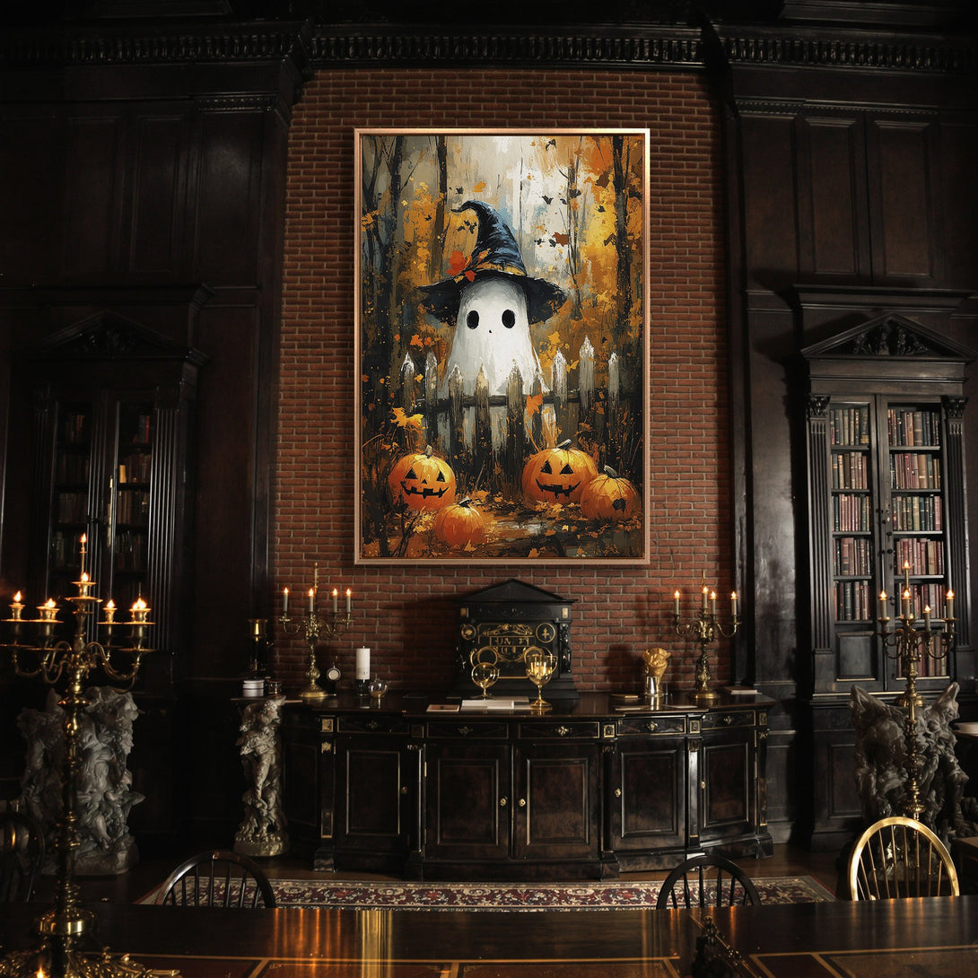 Framed Wall Art: Spooky ghost in a witch hat with pumpkins. Autumnal color palette. Perfect Halloween decor for your home!