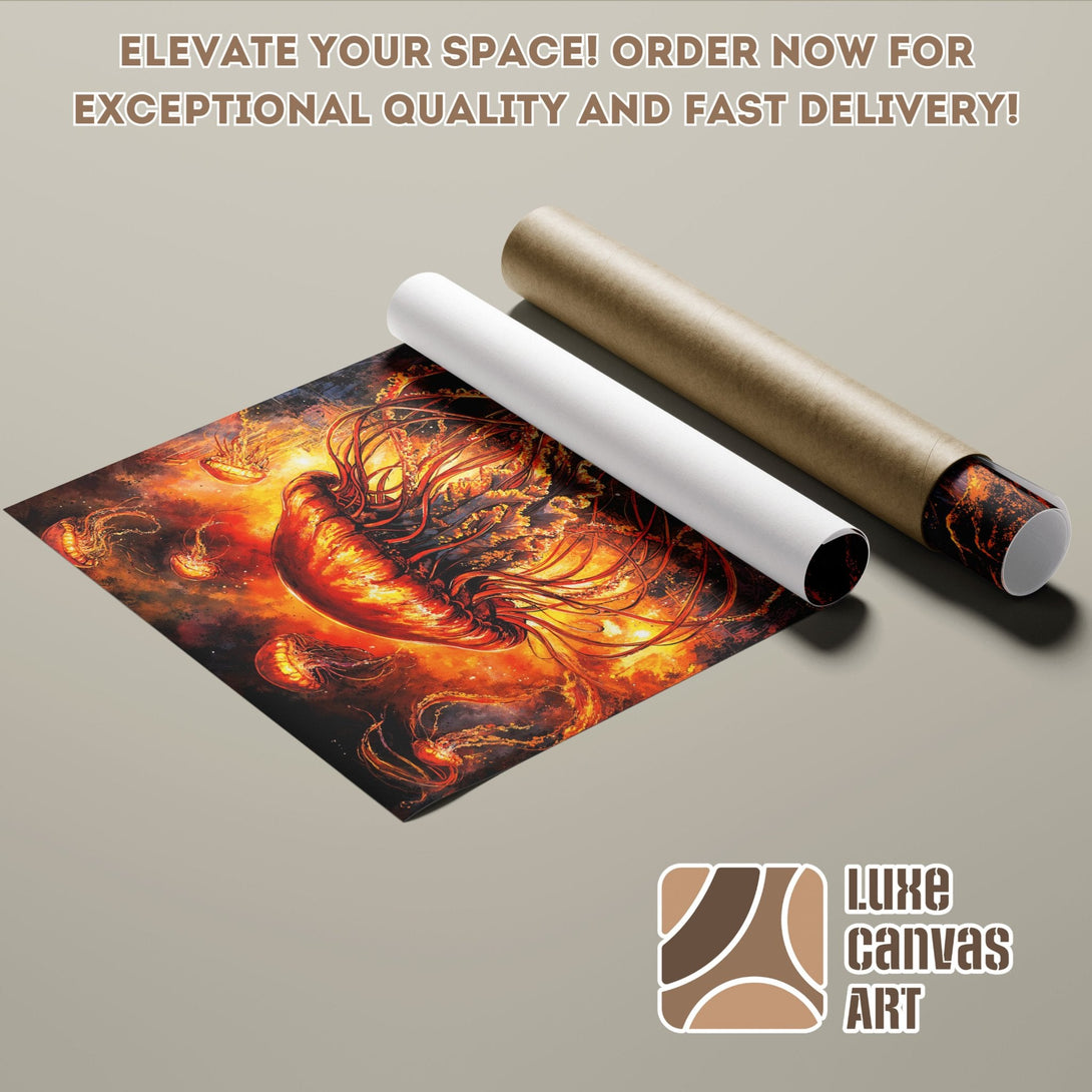 Poster Roll featuring fiery jellyfish art, vibrant orange & black palette. Elevate your space!