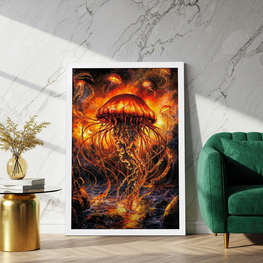 Framed Poster featuring a vibrant, artistic jellyfish illustration in fiery orange and red tones. Perfect wall art!