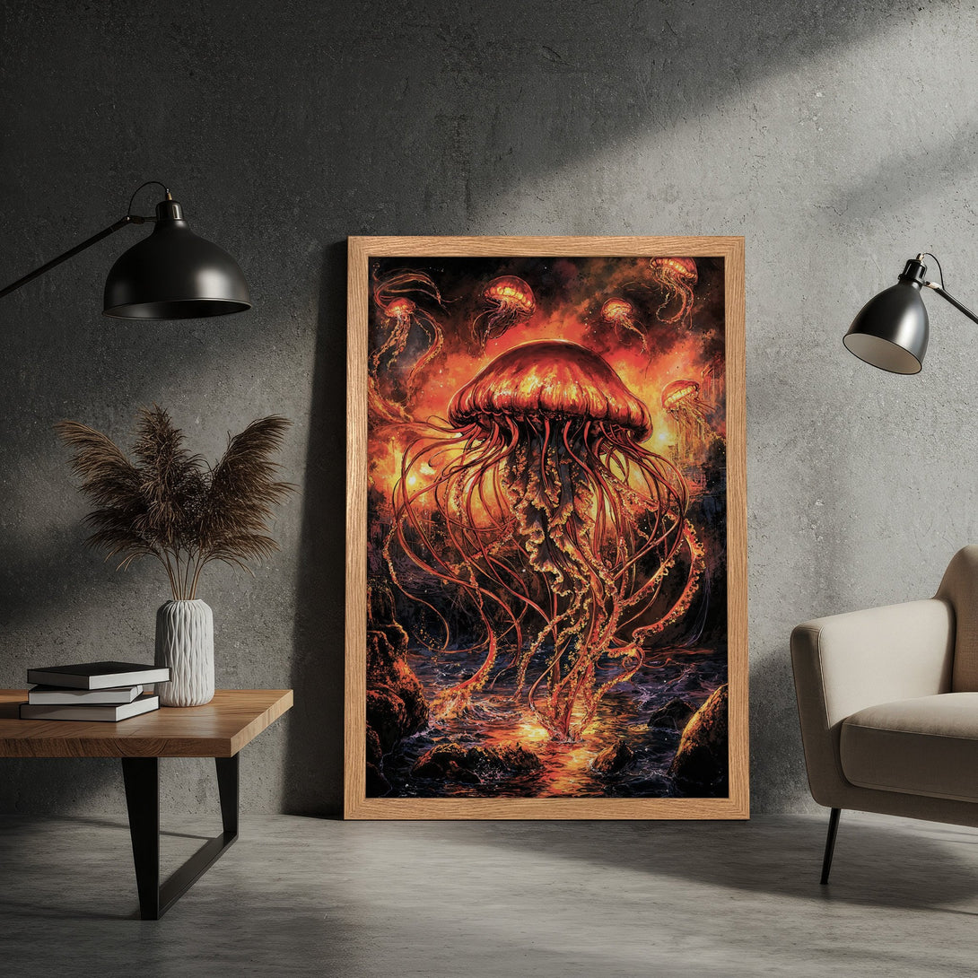 Framed Poster featuring a surreal jellyfish art print. Vibrant orange and red color palette, perfect for unique wall decor and home styling.