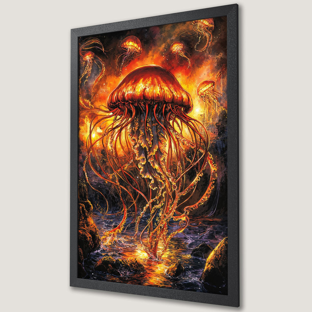 Framed Poster featuring a vibrant jellyfish art print. Fiery orange and red color palette with a fantasy art style. Perfect wall decor!