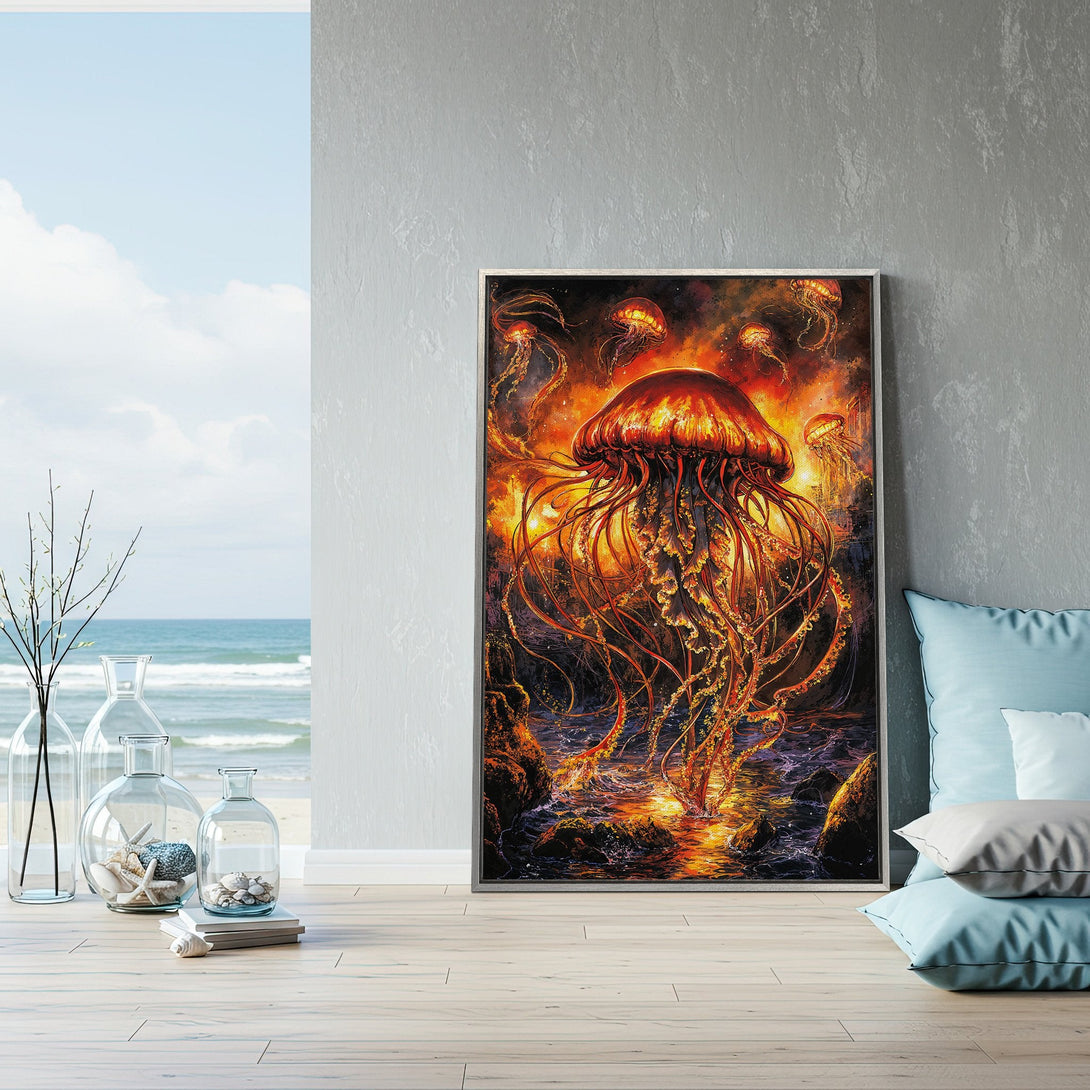 Framed Wall Art: Stunning jellyfish art in fiery orange and gold tones. Add a touch of oceanic fantasy to your space!