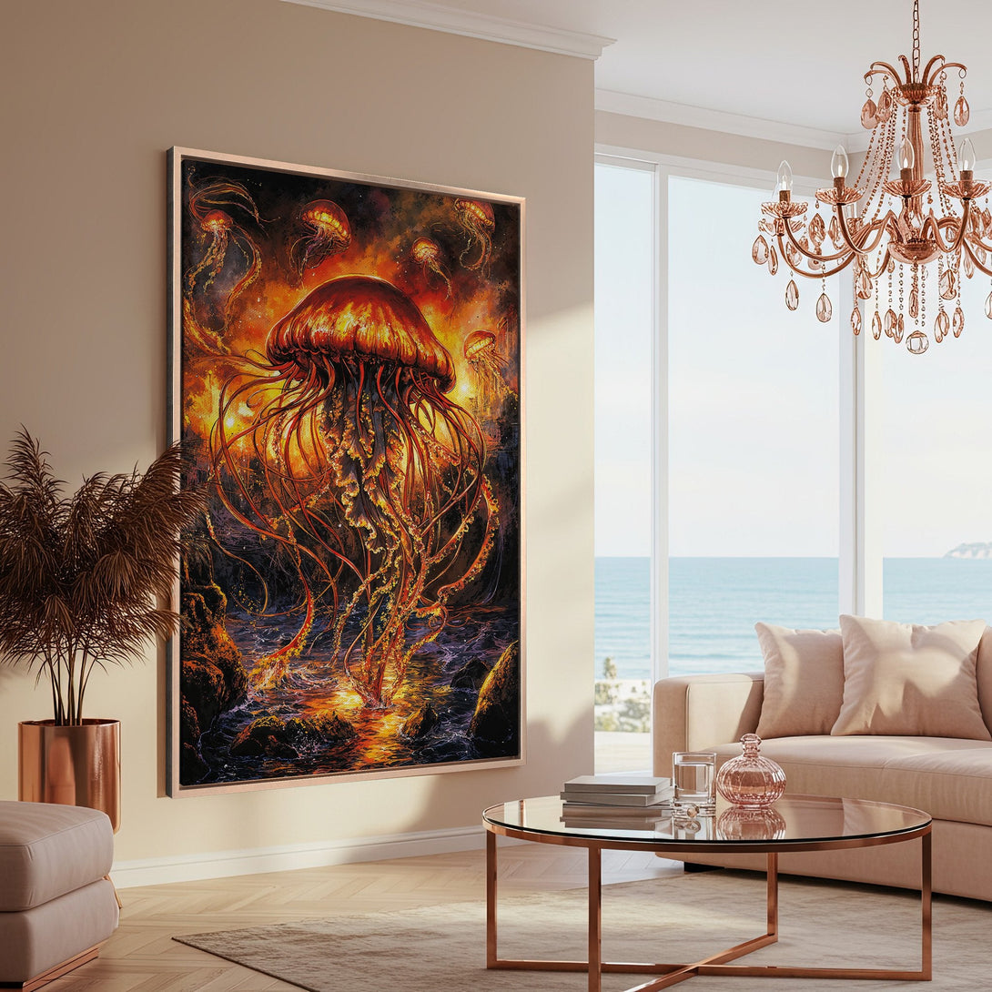Framed Wall Art: Stunning jellyfish painting in warm orange and black tones. Transform your space with this captivating, artistic canvas print.