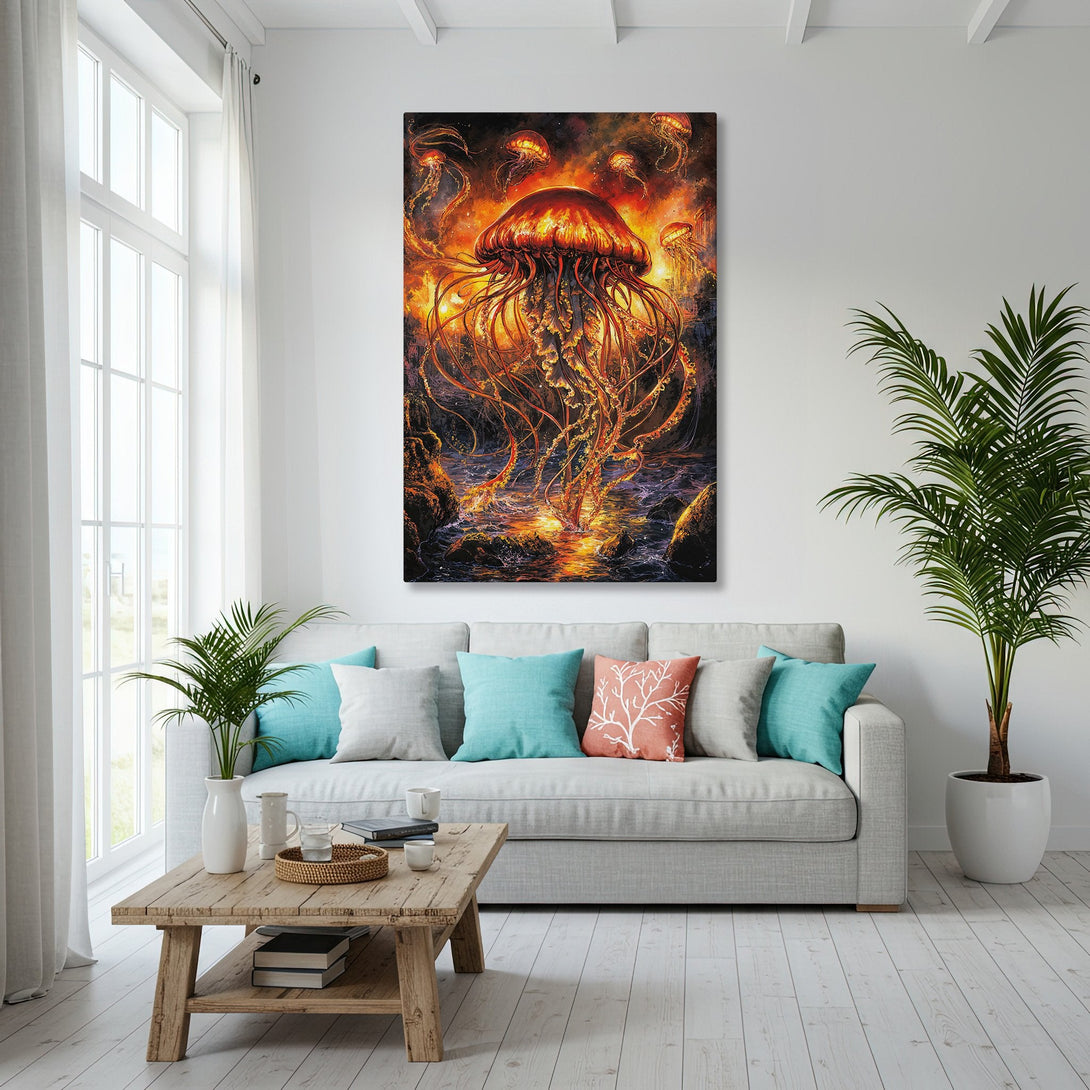 Framed Wall Art featuring a vibrant jellyfish illustration in warm orange and gold tones, displayed in a modern coastal living room.