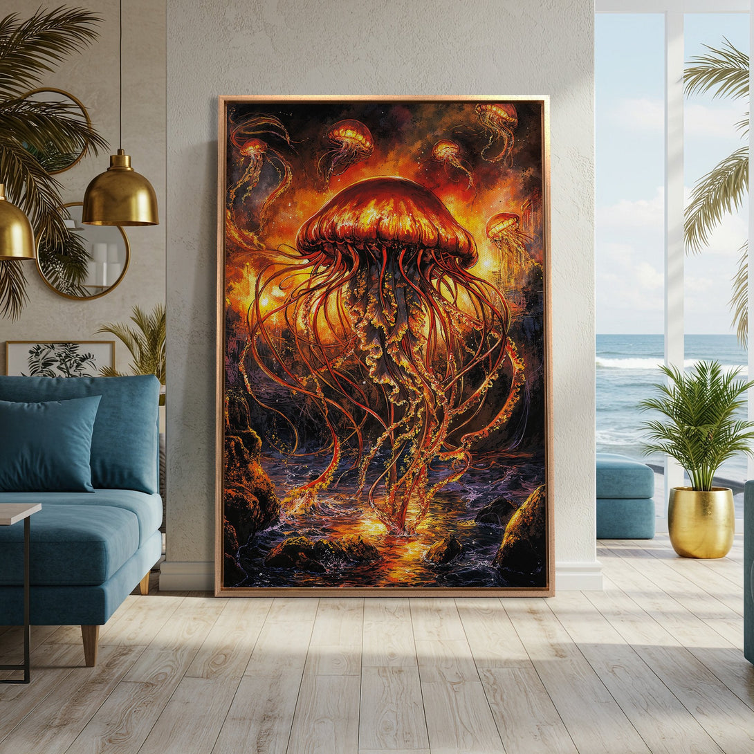 Framed Wall Art featuring a vibrant jellyfish in fiery orange and red tones, displayed in a modern interior with ocean view. Elevate your space with this captivating artwork.
