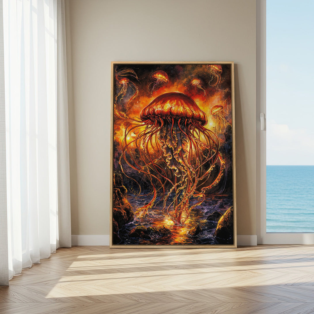 Framed Wall Art: Stunning jellyfish canvas print in fiery orange & red tones. Dramatic art for your home, bringing a touch of fantasy & ocean beauty.