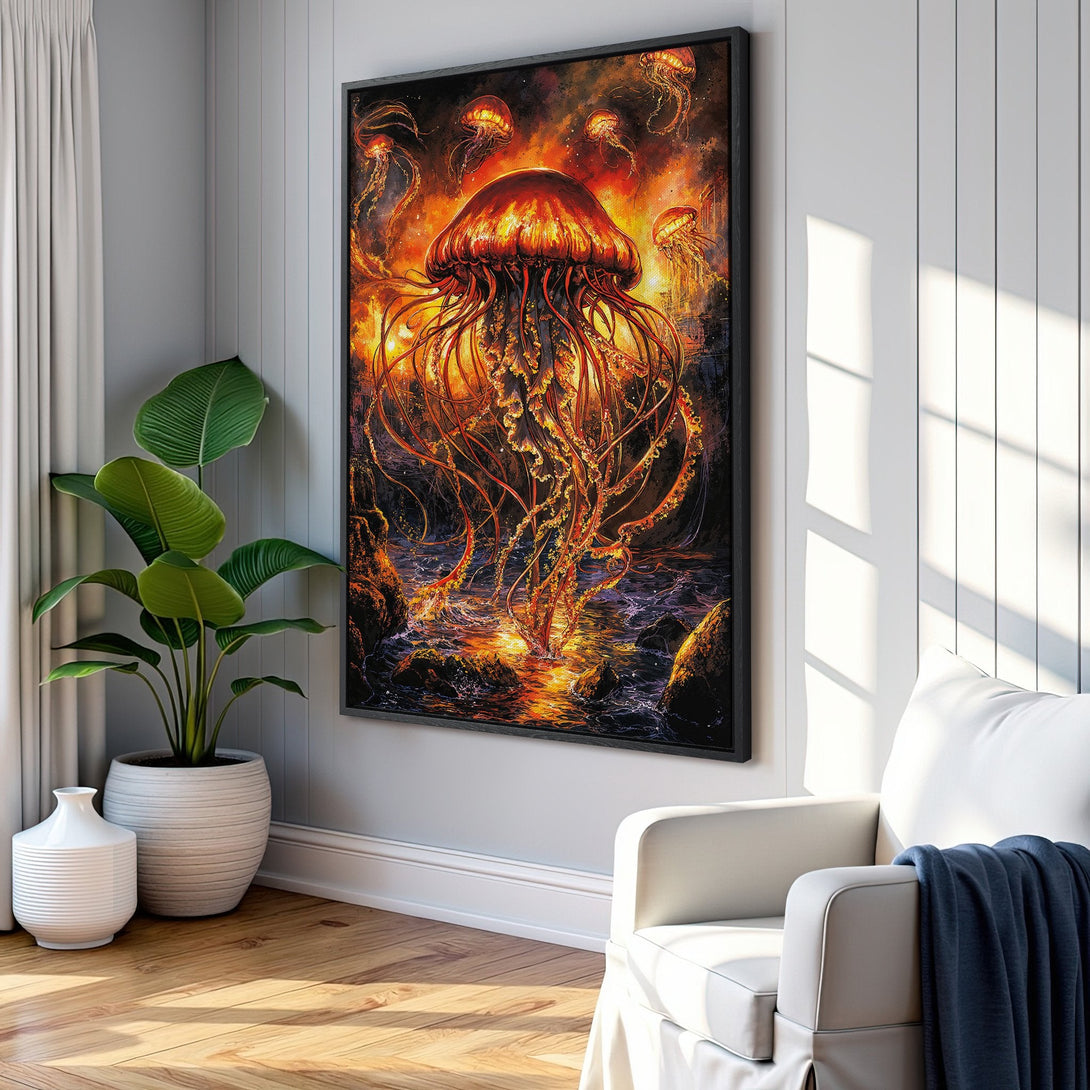Framed Wall Art featuring a vibrant jellyfish illustration in a fiery, warm color palette. Transform your space with this captivating Canvas Print.