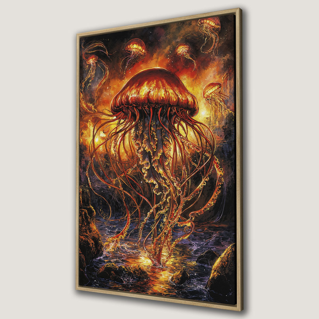 Framed Wall Art: Stunning jellyfish art print in fiery orange and red hues. Unique fantasy style canvas print for a bold statement piece.