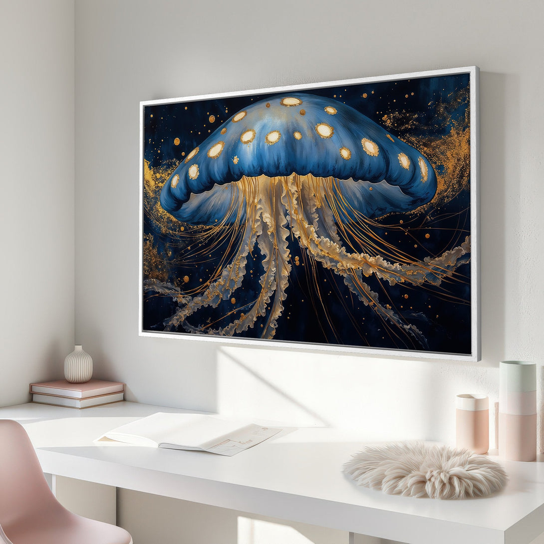 Framed Wall Art: Stunning blue jellyfish art print with gold accents. Modern abstract style, perfect for adding a touch of elegance to any space.
