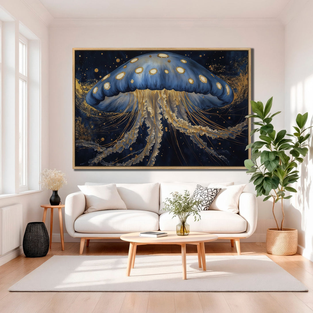 Framed Wall Art: Stunning blue & gold jellyfish canvas print. Modern abstract art with a calming, elegant color palette. Perfect for coastal & contemporary decor.