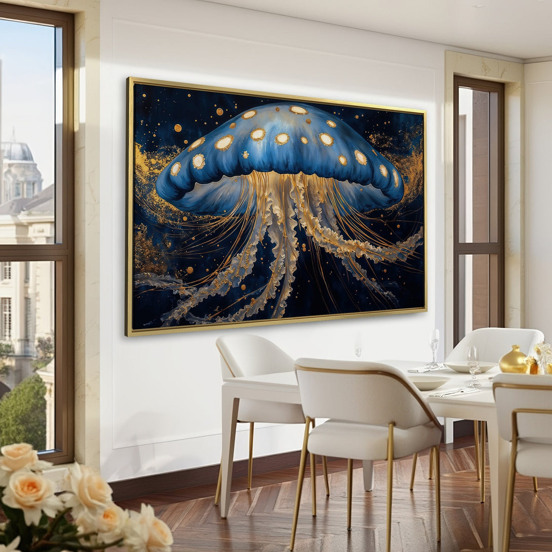 Canvas Print of a vibrant jellyfish in blue and gold, adding a touch of elegance to any room. Perfect wall art for a stylish home.