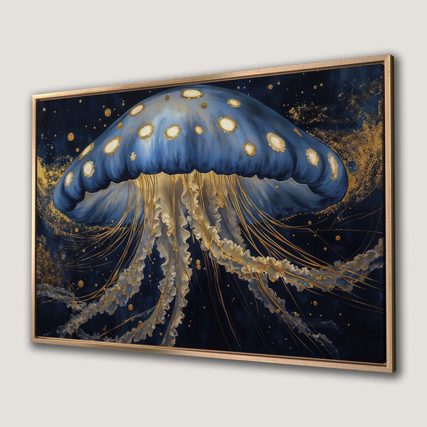 Framed Wall Art: Stunning blue & gold jellyfish art print. Elegant, abstract style with a dark, luxurious color palette. Perfect for modern home decor.