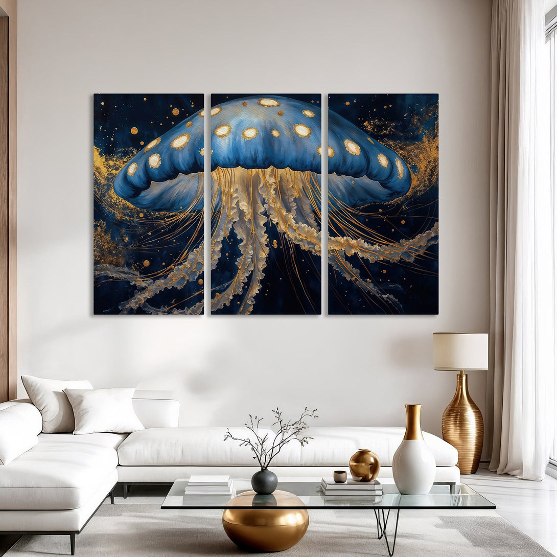 Canvas Print of a stunning blue and gold jellyfish art piece. Modern style with a dark blue and gold color palette, perfect for any interior.