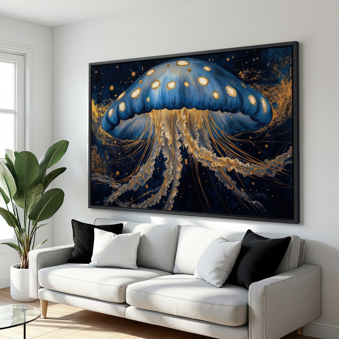 Framed Wall Art: Stunning blue jellyfish art print with gold accents. Modern style canvas print, perfect for home decor. Dark blue and gold color palette.