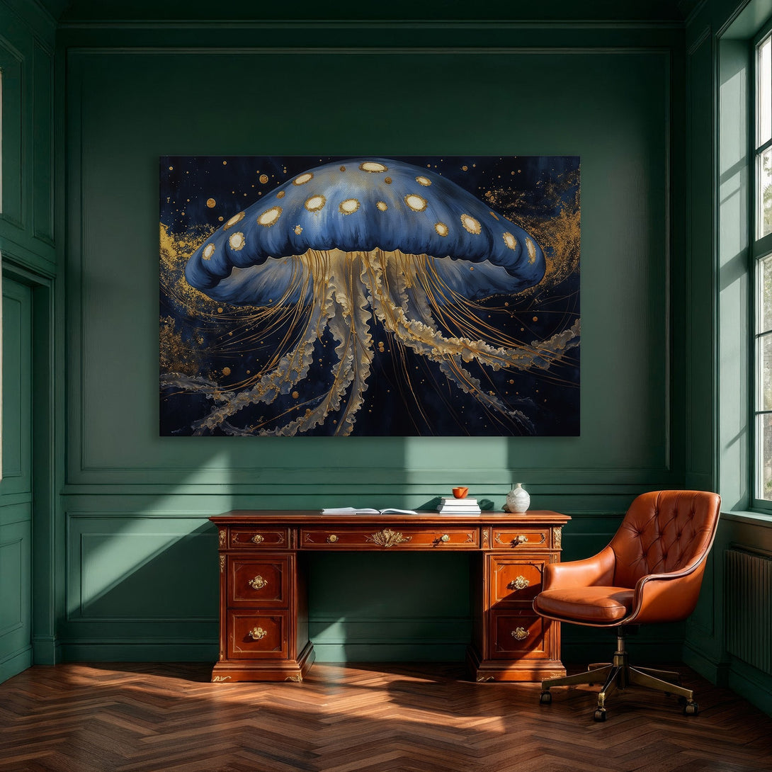 Framed Wall Art: Stunning blue & gold jellyfish canvas print. Modern art for home decor. Elegant design with dark blue, gold, and white color palette.