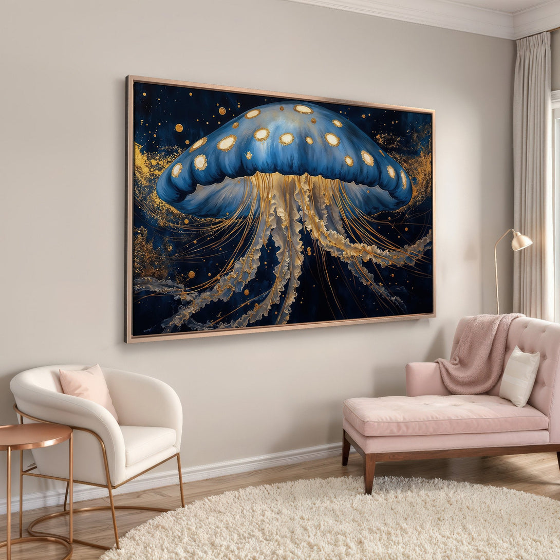 Framed Wall Art: Stunning blue and gold jellyfish art print. Modern abstract style with a dark, luxurious color palette. Perfect for home decor.