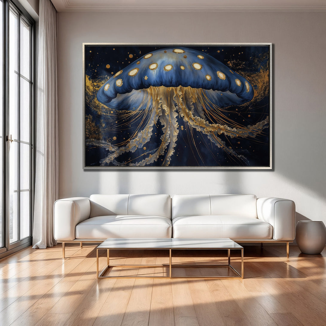Framed Wall Art: Majestic blue jellyfish art print with gold accents. Modern, elegant design in a dark blue and gold color palette. Perfect for home decor.